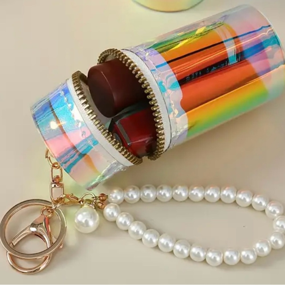 Holographic Lipstick Holder with Pearl Keychain